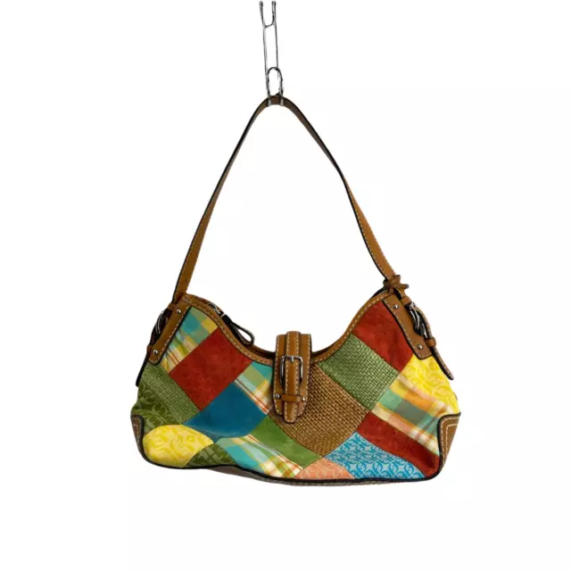 Fossil Womens Shoulder Bag Blue Green Patchwork Magnetic Snap Phone Pocket S