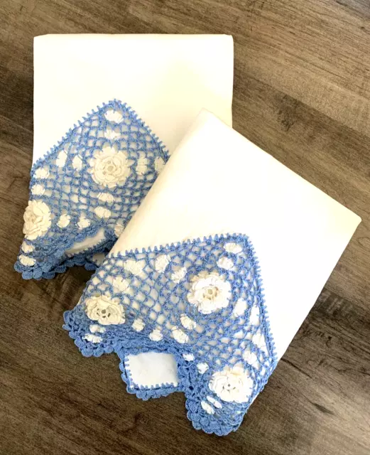 (2) Vintage SKY BLUE Rosette Diamond Crocheted Lace Edge Pillowcases 22 x 33