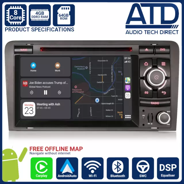 Radio de Coche para Audi A3 S3 RS3 Android 10.0 Carplay DAB Navegador Bluetooth