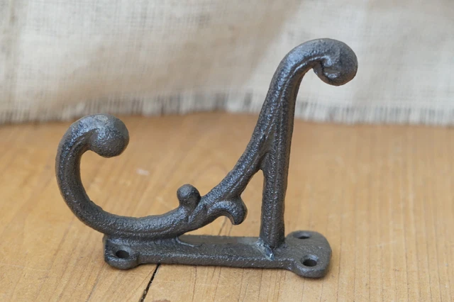 8 Brown Rustic Coat Hooks Antique Style Cast Iron 4.5" Wall Double Restoration ! 3