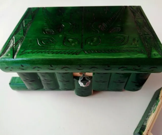 Nueva caja de rompecabezas mágica de joyería de madera tallada a mano verde...