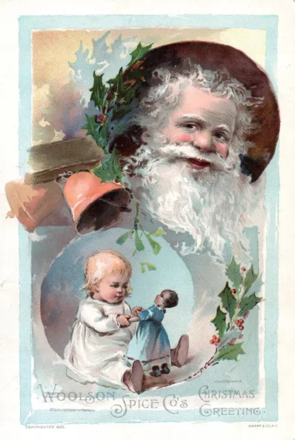 1800’s  VICTORIAN TRADE CARD WOOLSON SPICE LION COFFEE Christmas -SANTA