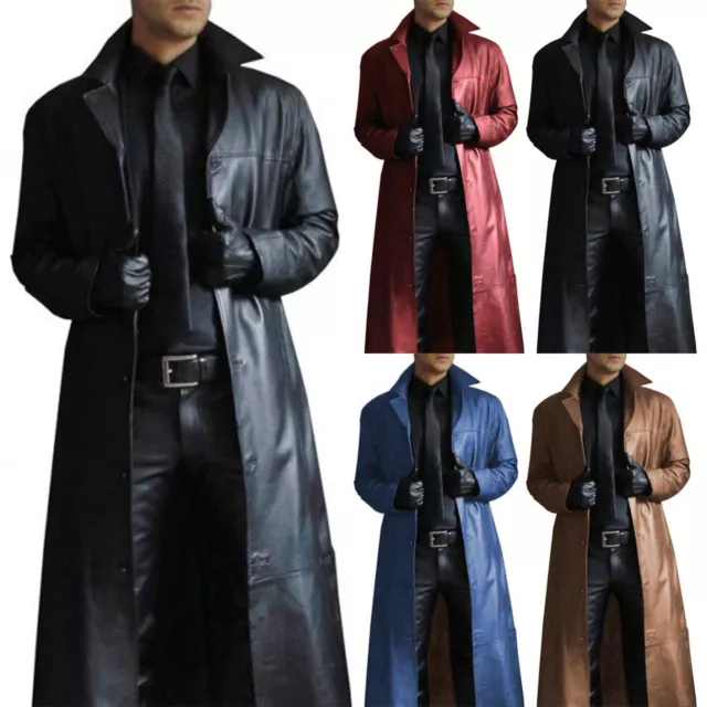 Men's Leather Jacket Zip Coat Stand Collar Slim Long Leather Jackets Outwear Top