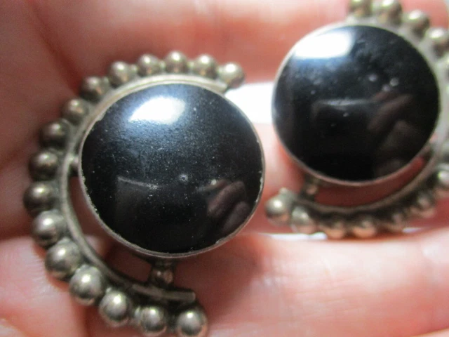 Sterling Silver 925 Estate Vintage Taxco Heavy Black Onyx Clip On Earrings