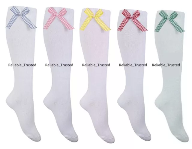 1/3/6 X Girls Childrens Gingham Check Bow White Knee High Socks Long Back School