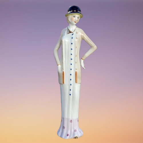 Classy Ceramic Decorative Figurine Of Victorian Woman Wearing A Dark Blue Hat
