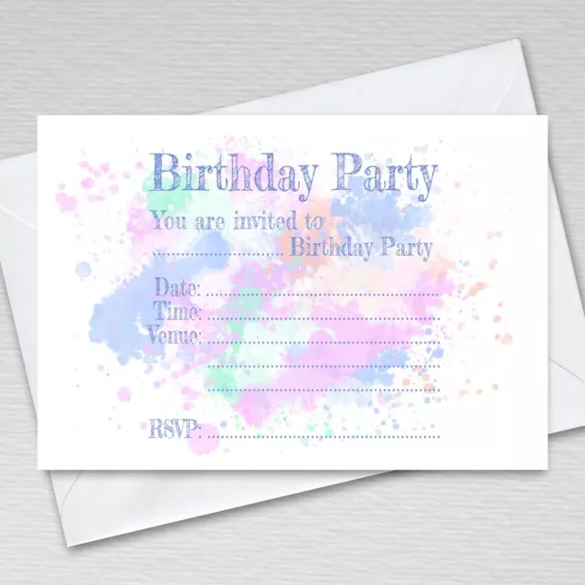 PACK OF BIRTHDAY PARTY INVITATIONS A6 Invites with Envelopes Watercolour Blank