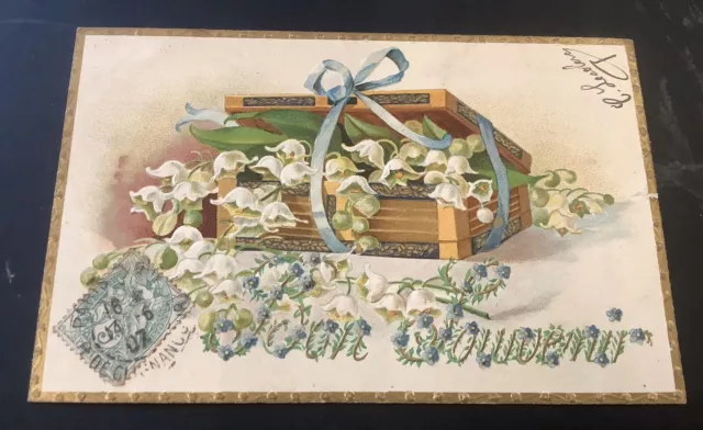 Belle CPA Bon Souvenir coffret muguet carte postale ancienne