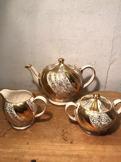 Vintage Sadler Teapot Sugar Bowl Milk Jug Gold and Cream