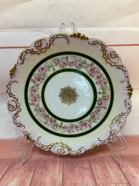 Vintage France Plate Pink Green Flowers Antique Gold Trim Scroll 8 1/2" EUC