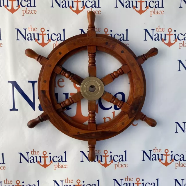 18" Wood Ship Wheel With Brass Center -Large Wooden Ship's Wheel -Nautical Decor