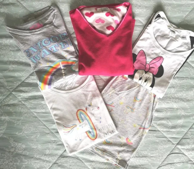 Girls Unicorn Shortie Pyjamas & 3 Pyjama Tops Bundle Pink Grey ~ 11-12 Years