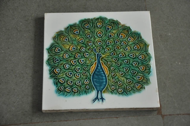 Vintage Colorful FM Fish Mark Peacock Embossed Ceramic Tile, Japan