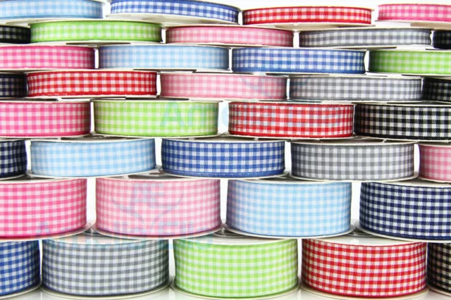 10m Reel GINGHAM Ribbon - 6mm, 10mm, 15mm & 25mm widths - Various Colours