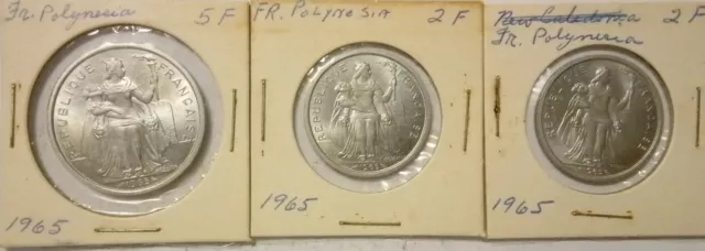 French Polynesia Coin LOT 5 Francs 1965 & 2 Francs 1965 (2) Carded Uncleaned A17
