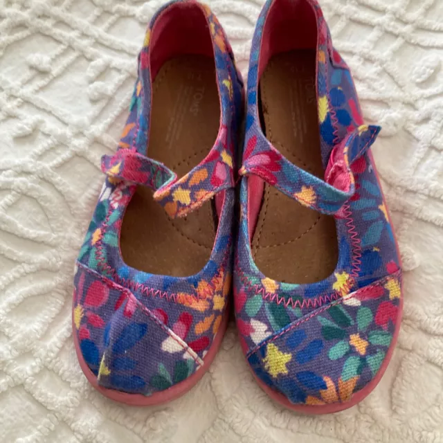 TOMS Shoes Girls Canvas Slip On Toddler Size 10 Purple Pink Flowers Mary Jane