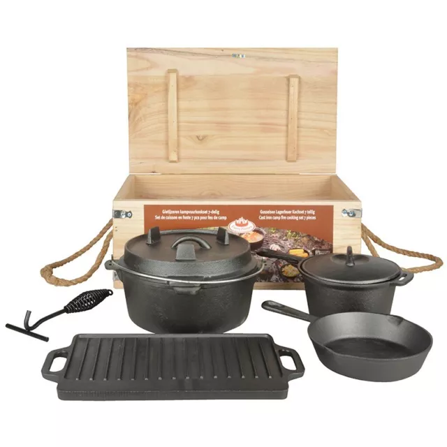 Outdoor Koch-Set Gusseisen Dutch Oven Grillplatte Pfanne Topf FF240