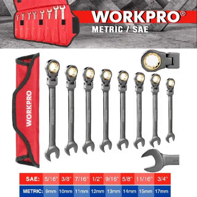 WORKPRO 8PC/16PC Ratcheting Combination Wrench Set Flex-Head SAE Metric Wrenches