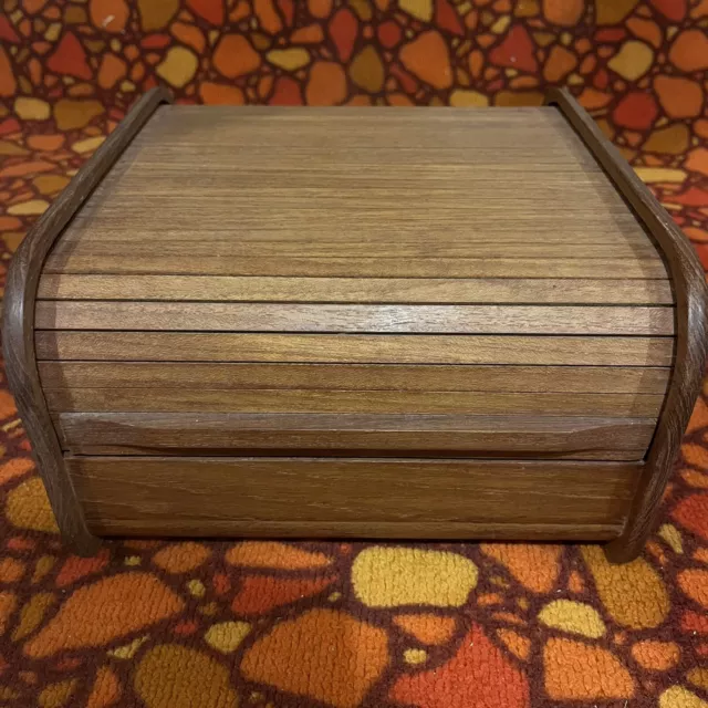 VINTAGE MCM KALMAR Teak Wood Roll Top Desk Organizer Storage Box $35.00 ...