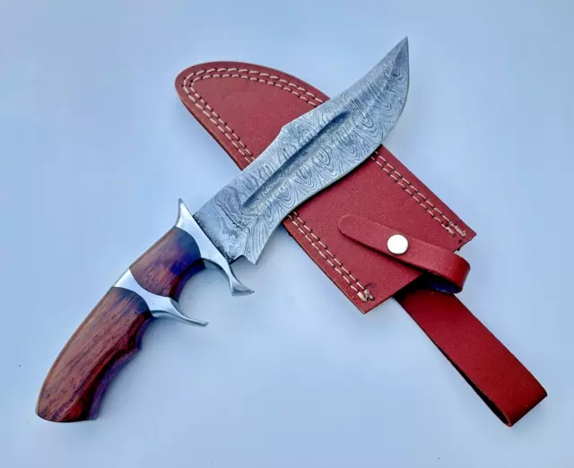 Custom Handmade Damascus Steel Bowie Hunting Knife Rose Wood Handle W/ Sheath