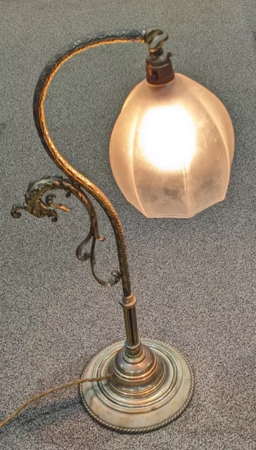 Pretty Late 19th Century Antique Brass Gooseneck Table Lamp VG++