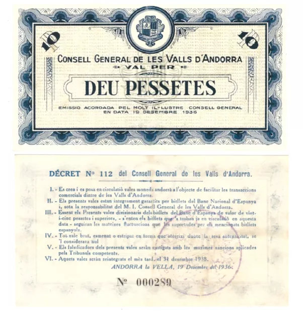 r Reproduction Paper -  Andorra 10 Pessetes 1936 Pick #4   0324R
