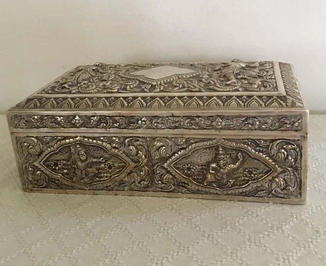 Antique Sterling Silver Cigar Box Wood Interior Engraved Oriental Decor 19th C