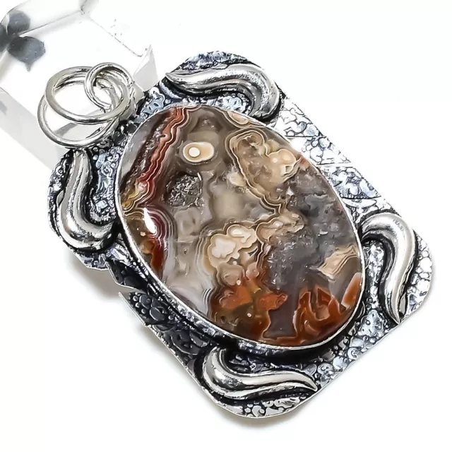 Natural Laguna Lace Agate Gemstone 925 Sterling Silver Pendant 2.36" Gift p982