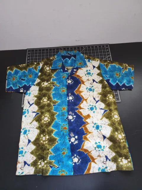 Vintage Hawaiian Shirt Barkcloth Abstract Floral Print Blue Men's Size Large