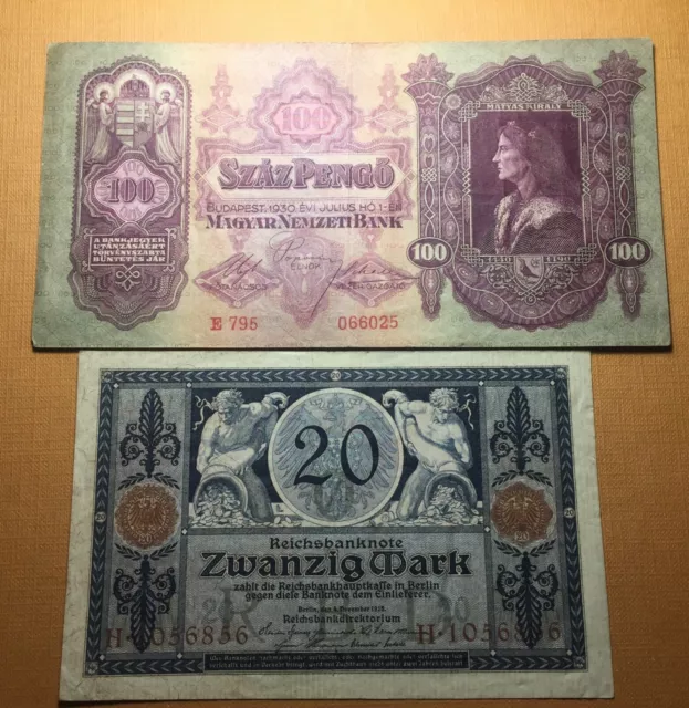 2 billetes antiguos de alemán y Hungría