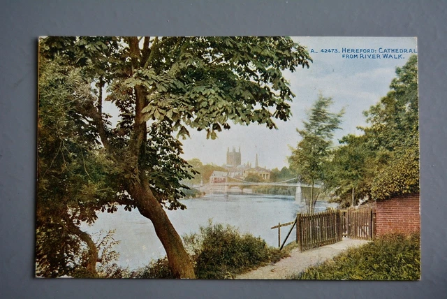 R&L Postcard: Photochrom Hereford Cathedral River Walk, unposted 42473