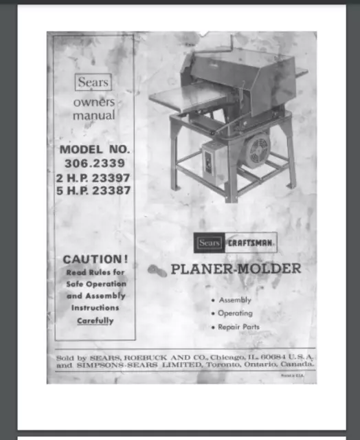 Sears Craftsman Planer Molder 306.2339 , 23397 , 23397 Owner Manual 28 pages