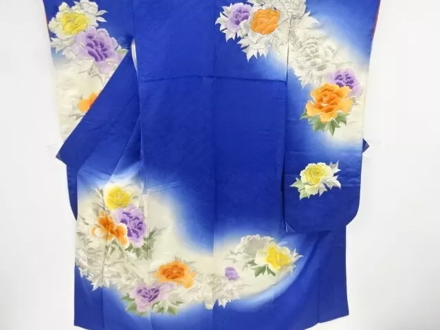 85985# Japanese Kimono / Antique Furisode / Embroidery / Peony