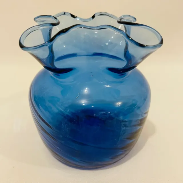 Cobalt Blue Art Glass Ruffle Top Swirl 3.5" Hand Blown Vase