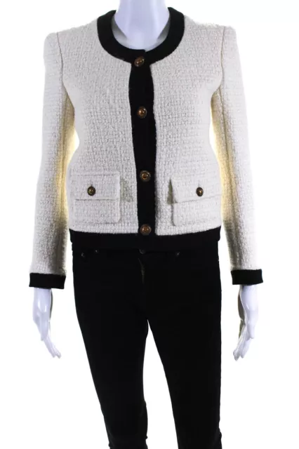 Saint Laurent Womens Boucle Woven Button Up Jacket Black Ivory Wool FR 34