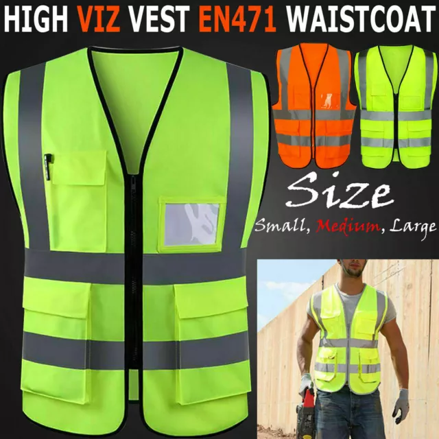 Hi Vis High Viz Visibility Vest Waistcoat Safety Jackets With Pockets Size S/M/L