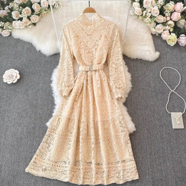 Women Floral Lace Dress with Belt Puff Sleeve Mock Neck Swing Fairy Costume Chic