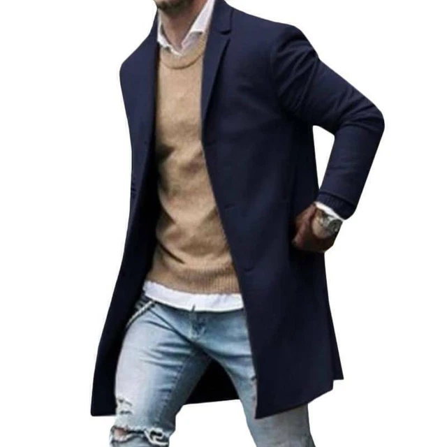 Men's Winter Warm Trench Coat Single Breasted Outwear Long Jacket Overcoat US