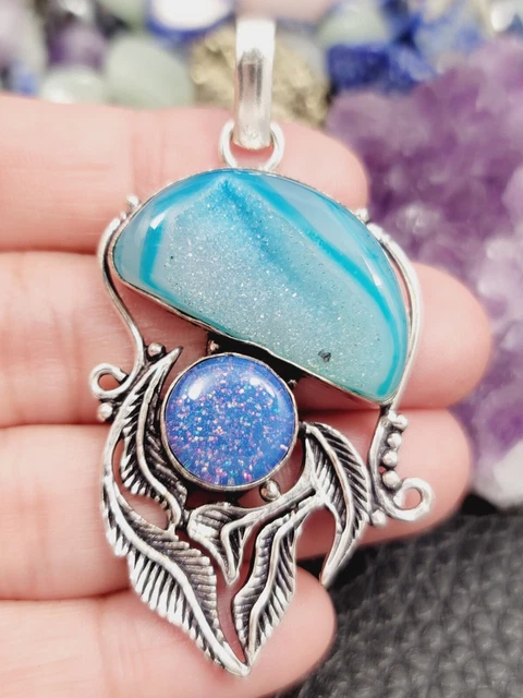 Solar Drusy Agate Quartz "BLUE" Oxidized Sterling Silver Pendant 2.5" Chain 20"