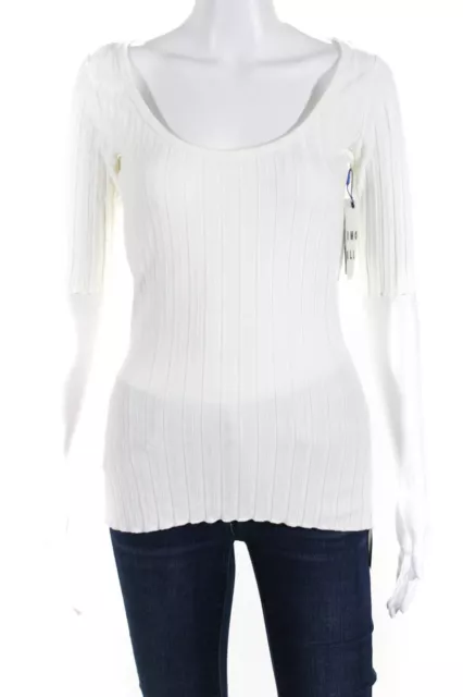 Simon Miller Womens Short Sleeve Scoop Neck Ribbed Knit Tee Shirt White Medium