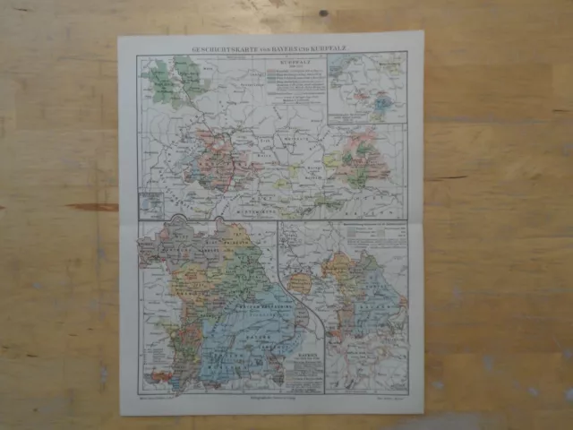 Orig.(1906) Lithographie Landkarte Geschichtskarte von Bayern und Kurpfalz