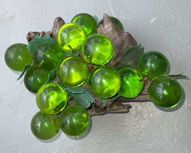 Vintage Lucite 15 Green Grapes on Driftwood Stem Retro Table Decor 60s 70s