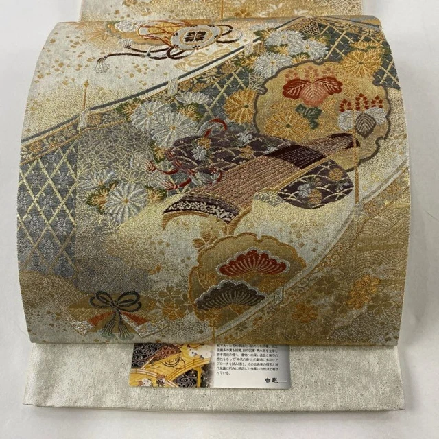 Woman Japanese Kimono Fukuroobi Silk SnowRing Gold Silver Thread Embroidery