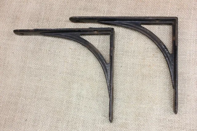 2 Old Shelf Supports Brackets 5 X 6” Rustic Black Paint Cast Iron Vintage 1800’s 2