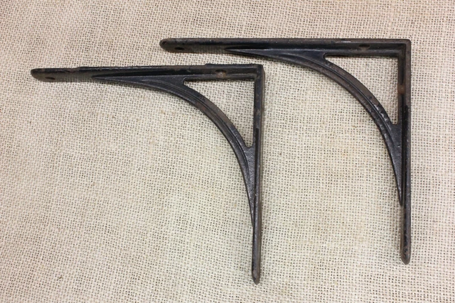2 Old Shelf Supports Brackets 5 X 6” Rustic Black Paint Cast Iron Vintage 1800’s 2