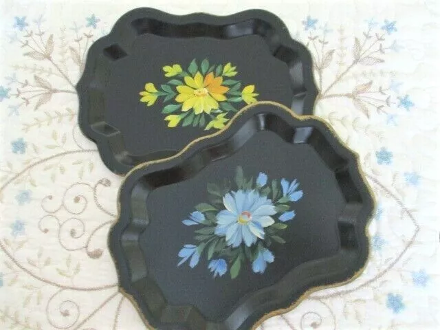 Pair Vintage Hand Painted Blue & Yellow Daisy Dresser Vanity Jewelry Tole Trays