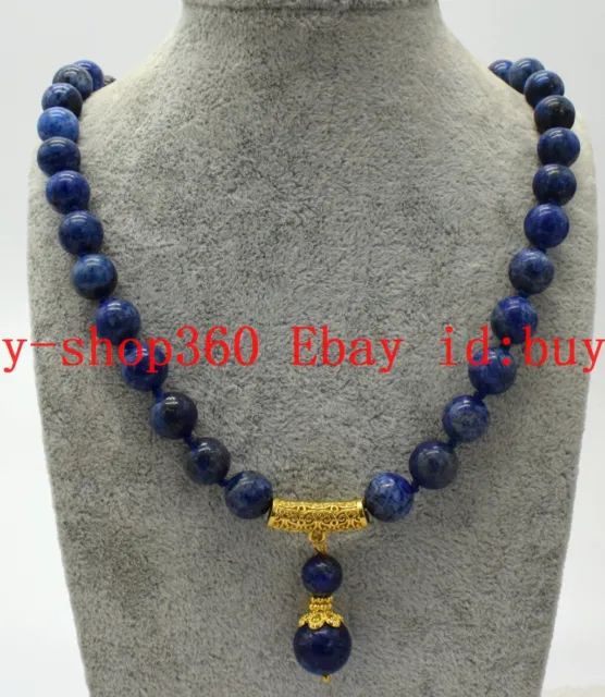 Natural 10mm Blue Lapis lazuli Round Gemstone Beads Pendant Necklace 18'' AAA+