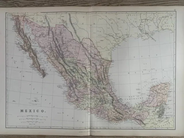 1884 Mexico Original Antique Colour Map by Edward Weller