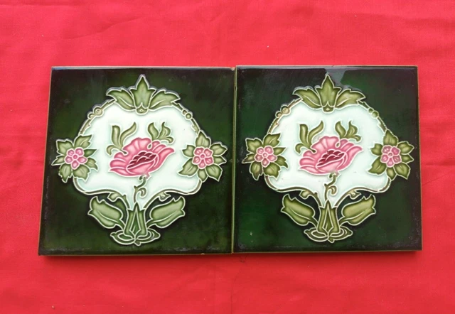 2 Piece Old Art Floral Design Embossed Majolica Ceramic Tiles Japan 0147