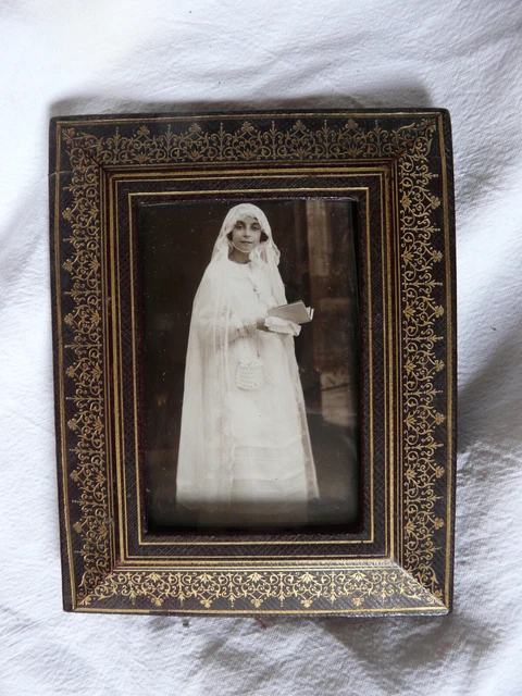 Cadre Photo Ancien Cuir Vert 30,5x24,5cm - Format 24x18cm - Vintage